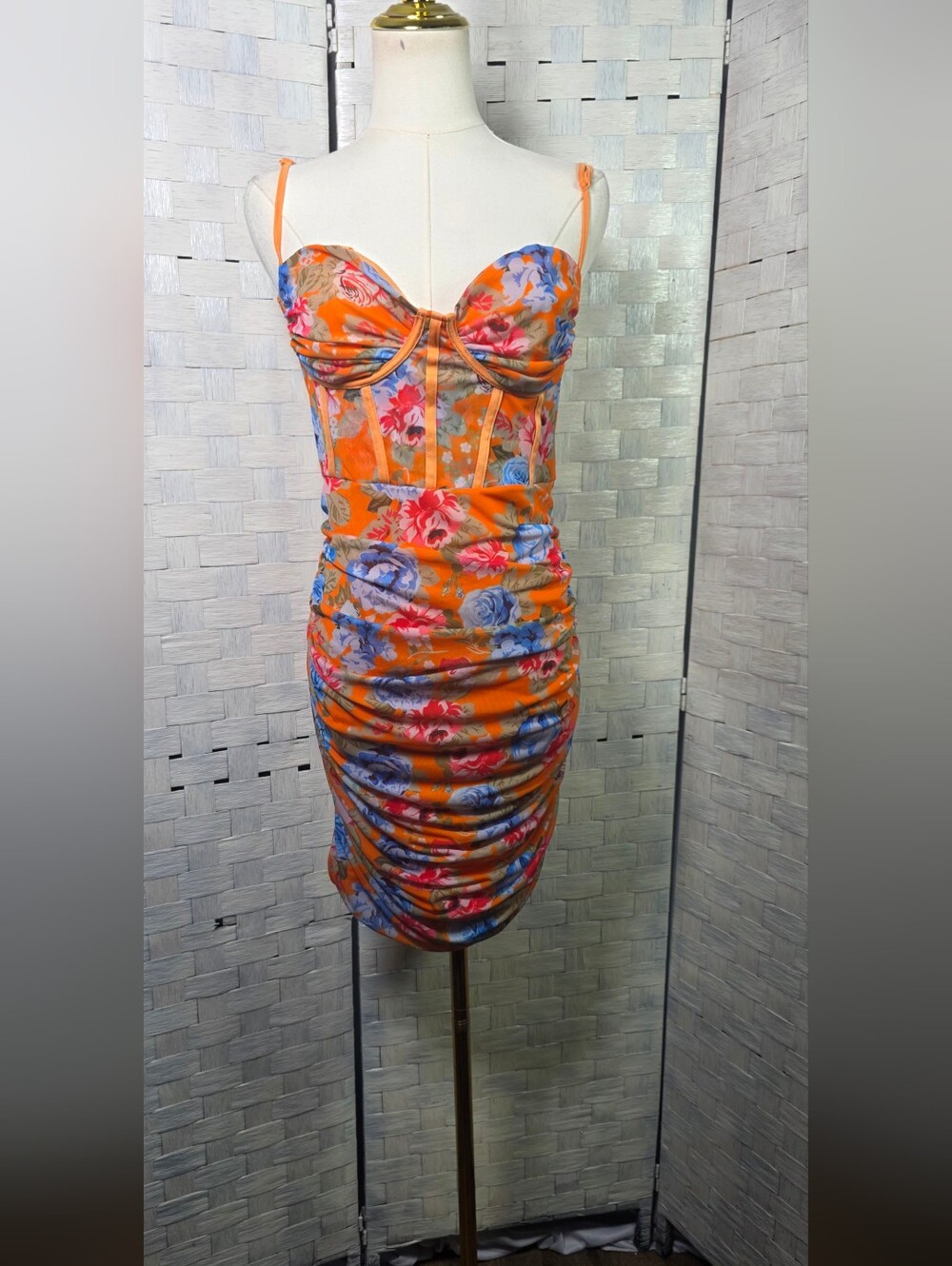 SHEIN Orange Floral Bustier Ruched Mini Dress